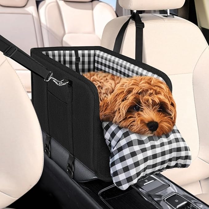 Center Console Dog Car Seat for Small Dogs Up to 11lbs Anti-Collapse Armrest Booster Seat with Headrest Stabilizing Straps Portable Pet Carrier Bag Travel Safety Kennel with Internal Tether (Black)