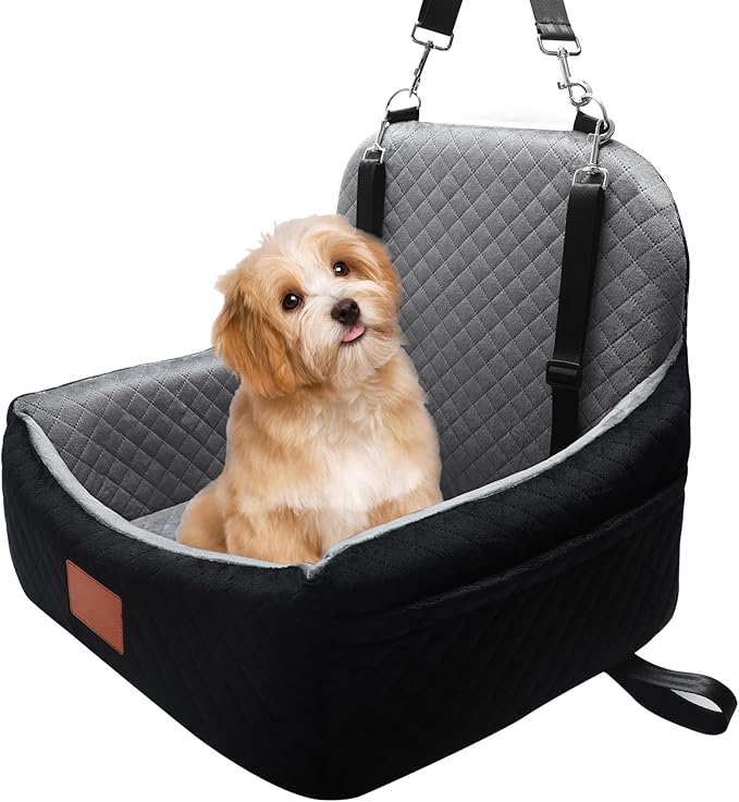 Dog Car Seat for Small/Medium-Sized Under 30 Pounds, Pet Car Seat Travel Bed with 2 Seat Belts and Headrest Seat Belts, Detachable Washable Covers and Side Storage Bags(Black/Grey)