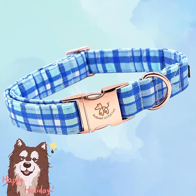 Elegant little tail Dog Collar, Blue Plaid Pattern Pet Collar Durable Cute Dog Collars Male or Female Pet Gift Adjustable Dog Collar for Small Dogs