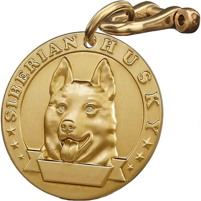 Vintage Pure Copper Pet ID Tags,Personalized Dog Tags,Three-Dimensional Relief Pet Pattern,Lettering on The Front and Back,Custom Pet Tags (B14-Siberian Husky)
