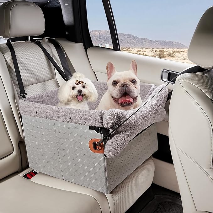 Dog Car Seat for Small Dogs,PU Leather Pet Car Seat Boosters,Puppy Cat Carseats with Washable Removable Cover(Grey, Medium)