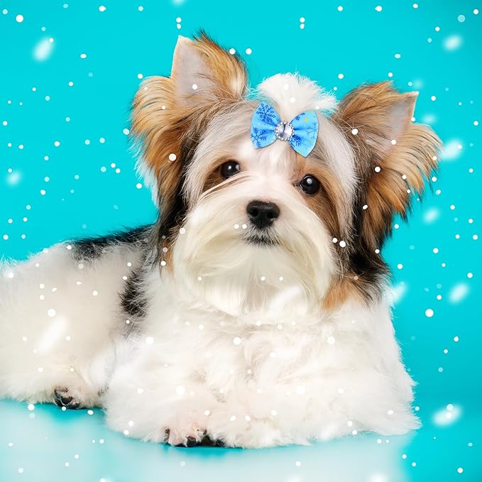 Tondiamo 100 Pack Winter Snowflake Dog Hair Bows with Rubber Bands White Blue Rhinestone Puppy Bows Winter Pet Dog Hair Grooming Accessories for Small Girl Dogs (Snowflake Pattern)