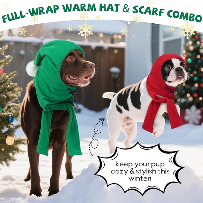 DENTRUN Dog Winter Hat - Cozy Fleece Hood & Scarf for Large Dogs, Noise-Greenucing Ear Cover, Christmas Costume, Green (L:12-18" Head Girth)