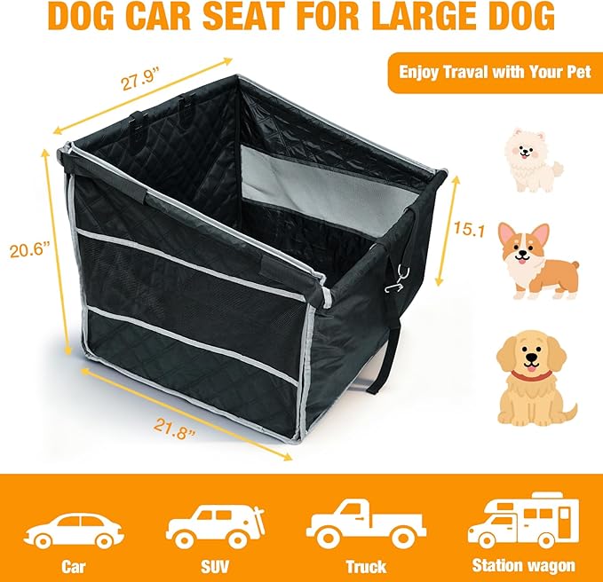 Dog Car Seat for Large Dogs, Back Seat Extender with Mesh Windows, Strong Support Dog Car Seat Cover for Cars, Trucks and SUVs (Black and Silver)