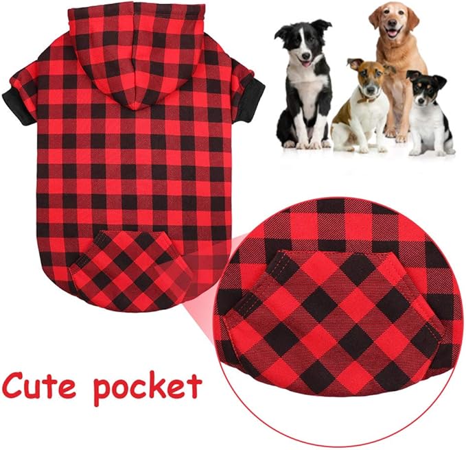Red Plaid Dog Hoodie Sweater for Large Dogs Pet Clothes with Hat and Pocket（L）