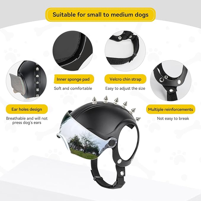 PETLESO Dog Helmet with Anti-UV Silver Goggles, Small Dog Motorcycle Helmet with Ear Holes, Drop-Down Biking Helmet, Adjustable Hat for Small Dogs Heads Protection with Rivets, Silver Lens