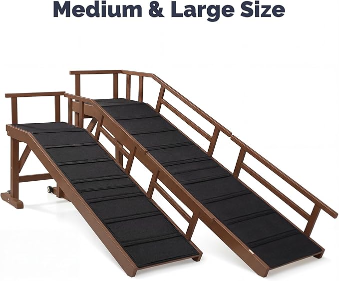 Dog Ramp for Bed or Couch, Wooden Pet Ramp with 20° Gentle Slope, Removable Side Rails, Non-Slip Surface, Top Platform & Wheels, Safe Bed Ramp for Small, Medium & Senior Dogs, 74" Long, Walnut