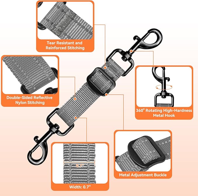 Dog Collar Safety Clip, Adjustable Backup Safety Strap, Double-Ended Leash Connector, High Reflectivity, Suitable for Dog Harnesses to Collar Safety Clips (Grey)