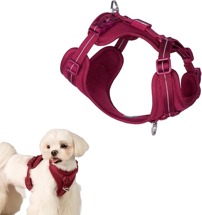 All-Weather No Pull Dog Harness Reflective Vest Harness QR Code Anti-Lost Adjustable Quick-Release Buckle Soft Padded Breathable Harness for Small Medium Large Dog (Light-Burgundy, XS)