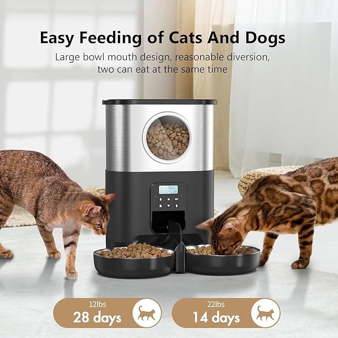Automatic Pet Feeder, 5L Quantitative Feeding Stainless Steel 2 Bowls Dog Food Dispenser Large Capacity Automatic Timed Cat Feeders with Visable Window for Cats Dogs (Black)