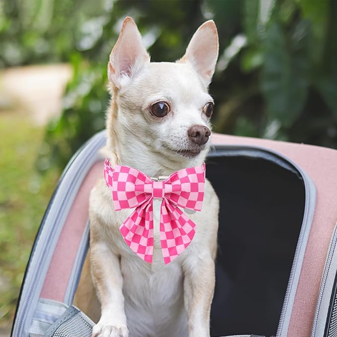 Dog Collar with Bow Tie,UP URARA PUP Pink Plaid Bowtie Dog Collar, Summer Bowtie Collar for Puppy Boy Girl Dog, Comfortable Cotton Dog Collar with Metal Buckle,XL,Neck 16-26in, PinkPlaid CS