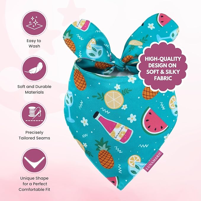 LunaMarie - Luxury Pet Birthday Bandanas -Premium & Silky Poly Fabric | 100% Handmade | Custom Shape Dual Layered (Sippin' Poolside, Large)