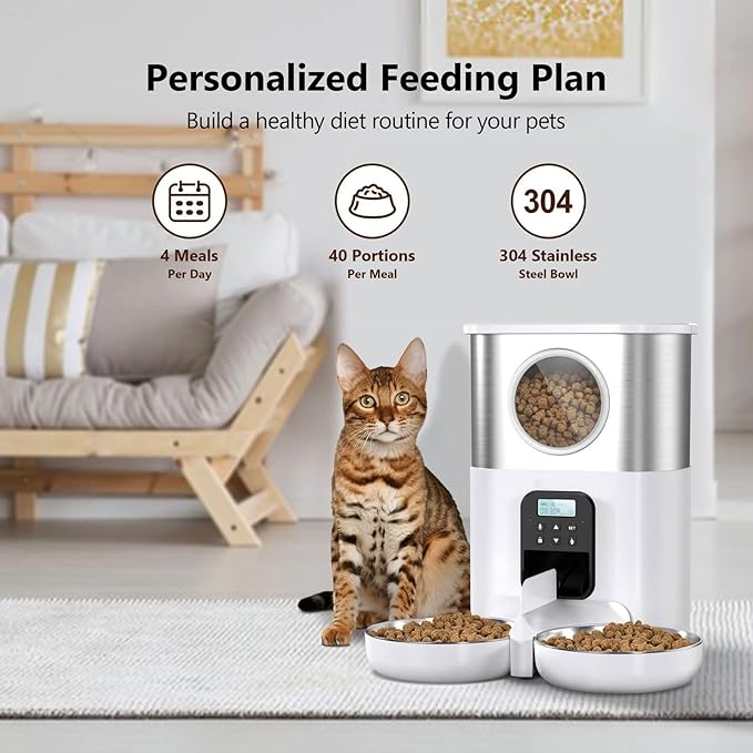 Pet Feeder 5l Stainless Steel Feeder O Window Double Outlet Automatic Feeder Pet Dry Food Dispenser Suitable Compatible with Cats and Dogs Pets Supplies(White)