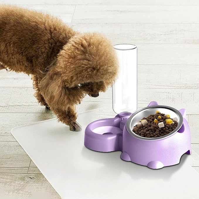 Cat Food and Water Bowl Set, Automatic Dog Dish Bowl with Water Dispenser, Removable Drinking and Eating Bowls, No-Spill Pet Feeder for Puppy, Medium Dogs & Cats (Purple)