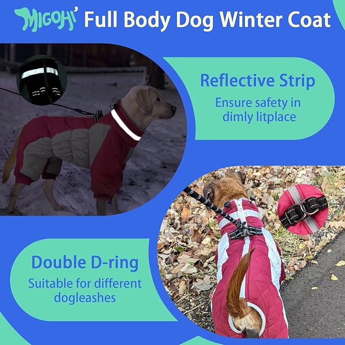 MIGOHI Full Body Dog Coat - Warm Reflective Winter Coat for Medium Dogs with Harness,Turtleneck Dog Fleece Jacket,Four-Leg Windproof Puffer Jackets Snowsuit with Zipper for Small Medium Large Dogs,M
