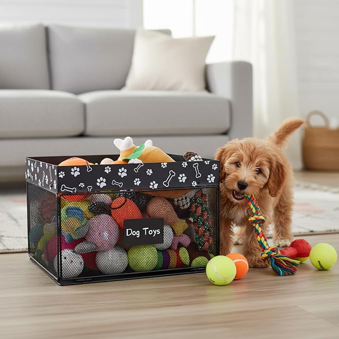 Geyecete dog toy bin chew proof metal dog toy box pet toy basket large Toy organizer Pet Wire mesh folding Dog Toy Organizer for personalized basket
