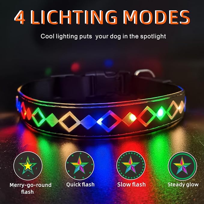 LED Dog Collar, 15 Light Modes, USB-C Rechargeable, Adjustable Silicone, Multiple Colors (Black Pro, L(15.7-19.7"))