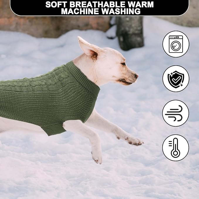 XXL Dog Sweater, Classic Cable Knit Warm Dog Sweatshirt with Reflective Yarn for Girl Boy, Halloween Fall Winter Coat Turtleneck Pullover Clothes Apparel for Small Medium Large Dogs, Green XXL