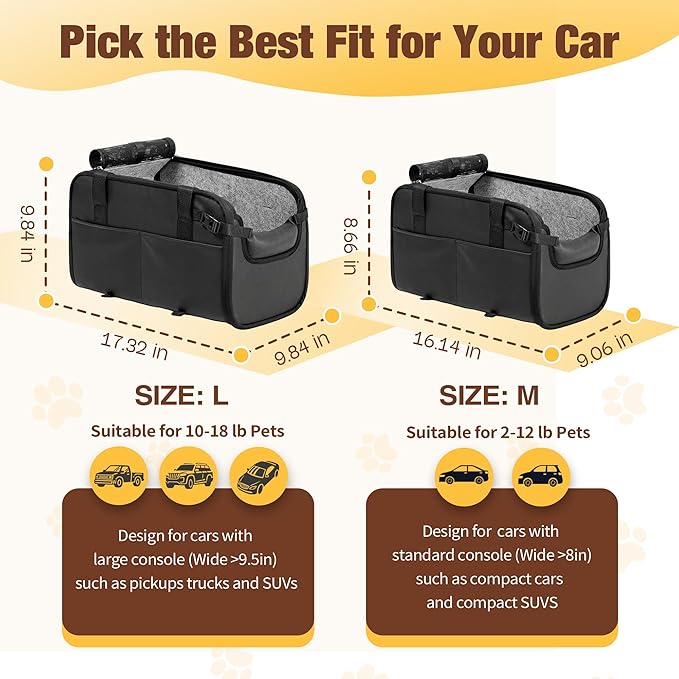 YUDODO Large Dog Car Seat for Center Console (Width＞9.5in) Fits 10-18lbs, Anti-Slip Puppy Cat Travel Portable Booster Seat, Luxury Pet Car Bed Carseat PU Leather Black