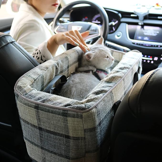 Dog Car Seat Pet Booster Seat ON Car Armrest Perfect for Small Pets, Interactive Dog Console Car Seat,Pet Travel Safety Car Seat,Portable Dog Car Travel Carrier Bed with Safety Buckle