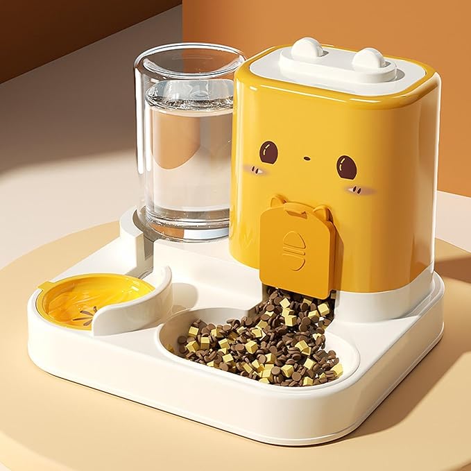 2 in 1 Automatic Pet Feeder with Water Dispenser, Removable Portable Pet Feeding Bowl for Cats Small Dogs Puppy, Food Grade PP Material, 1800ml Dry Food 800ml Water Capacity- Yellow
