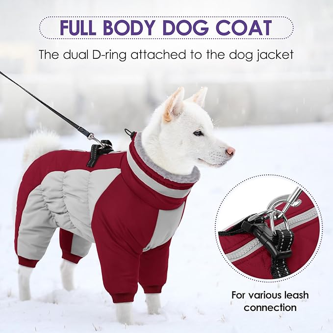 SUNFURA Full Body Dog Coat - Warm Fleece Jacket for Large Dogs, Turtleneck Winter Coats with Harness, Reflective Dog Snowsuit Windproof Puffer Jackets with Legs for Weimaraner, Burgundy XL