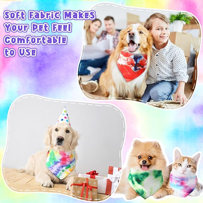 Amylove 120 Pcs Dog Bandanas Bulk Holiday Triangle Dog Pack Puppy Kerchief Bandana Adjustable Pet Scarf for Pet Cat Costume Accessories Decor(Tie Dye)