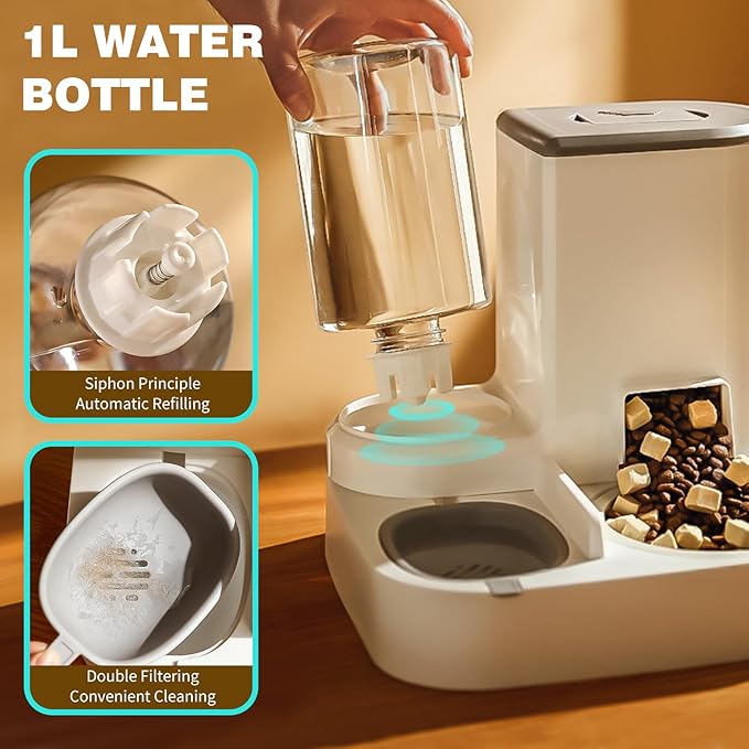 Gravity Pet Feeder and Water Dispenser Set,2 in 1 Automatic Pet Feeder Dispenser,Automatic Cat Food Dispenser, Detachable,Easy Clean,Integrated Large Capacity Dog 1L Water Bowl 2.8L Food Bowl