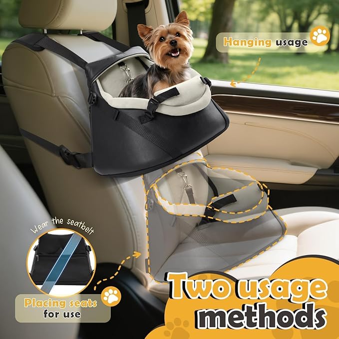 WOYYHO 1-7 lbs Tiny Dog Car Seat for Teacup Yorkie Luxury PU Leather Dog Booster Seat for Small Animals Cats Bunny Lizard Guinea Pigs with Safety Belt, Soft Flannel Lining, Adjustable Height
