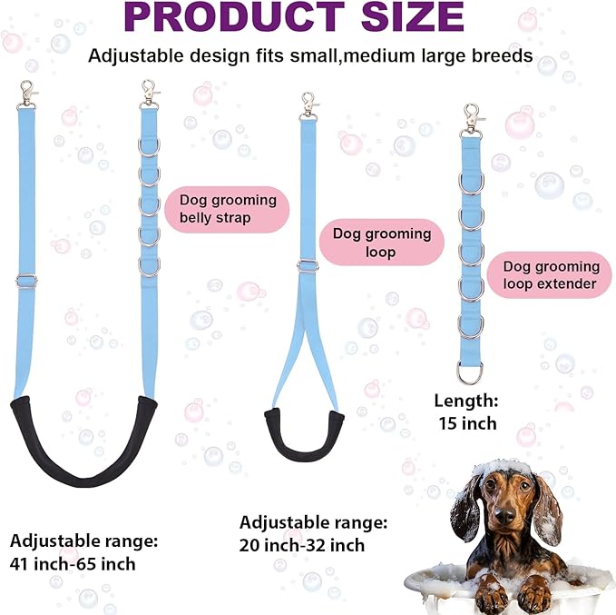 Dog Grooming Belly Strap - 3PCS Grooming Restraint Set Adjustable Belly Band Loops Strap with Padded Support & Loop Extension Straps Pet Grooming Harness Kit for Dogs (Sky Blue)