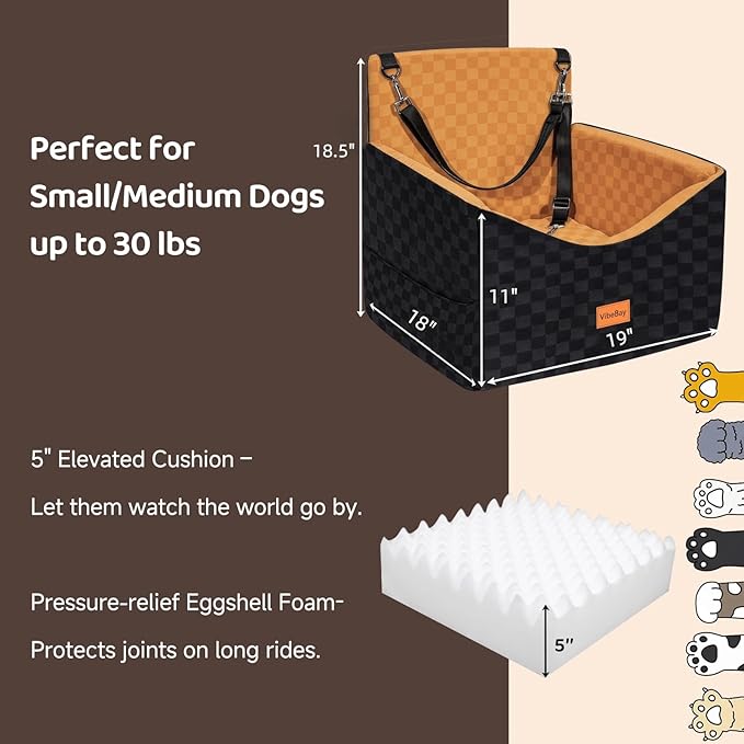 VibeBay Dog Booster Seat for Small Dogs up to 25 lbs,Memory Foam - Elevated Car Bed with Safety Leash & Storage Pocket, Fully Detachable & Machine Washable for Easy Travel