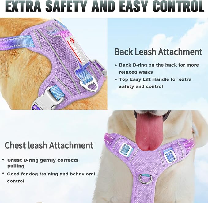 BARKBAY No Pull Dog Harness Large Reflective Dog Harness with Front Clip and Easy Control Handle for Walking Training Running with ID tag Pocket(Lavender Sky,M)
