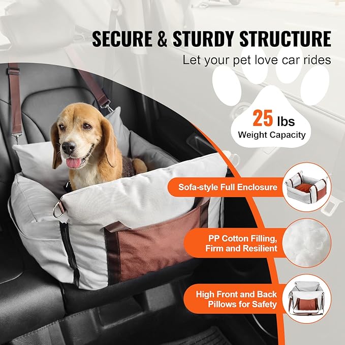 Happybuy Dog Car Seat, Waterproof Dog Booster Seat for Car with Side Handles and A Storage Pocket, Clip-On Safety Leash and PP Cotton Filling, Dog Car Bed for Small Dog up to 25lbs, Gray