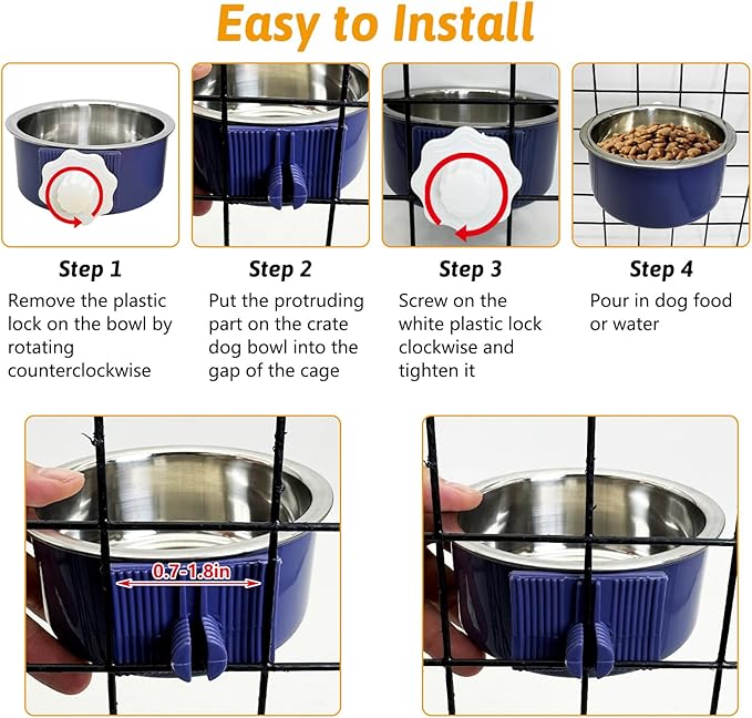 Hamiledyi Crate Dog Bowl Cat 2 Pcs Removable Stainless Steel Hanging No Spill Pet Bowl for Kennels Durable Detachable Design Fits Small Medium Dog Cages (Dark Blue