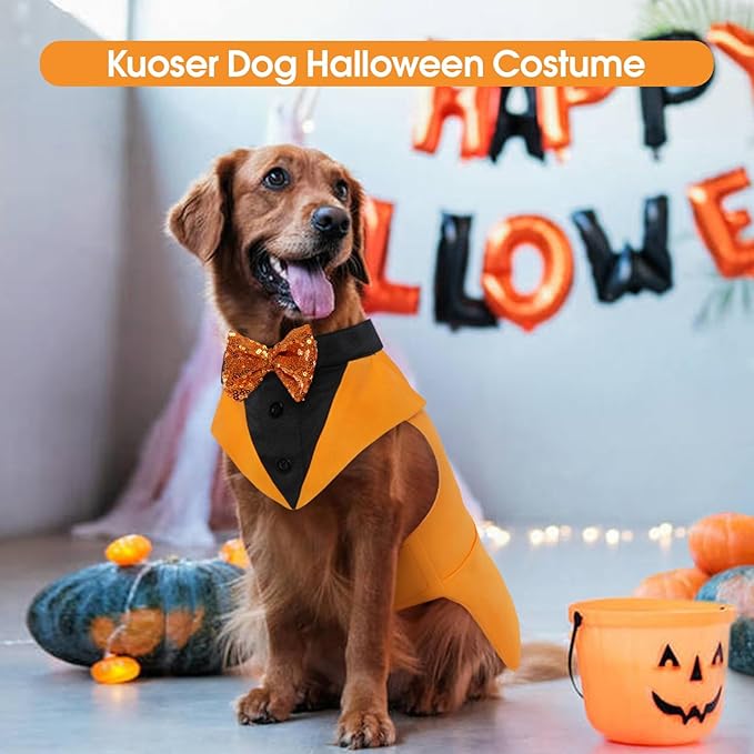 Kuoser Dog Tuxedo Suit and Bandana Set, Pumpkin Color Dogs Thanksgiving Outfit Adjustable Dog Halloween Costume with Bow Tie for Large Medium Small Dogs Golden Retriever Samo Bulldogs, M