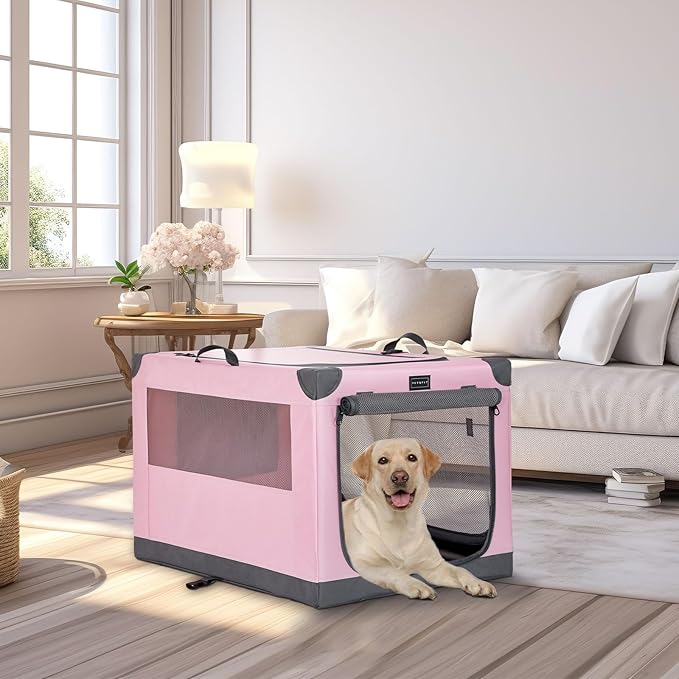PETSFIT Soft Sided Dog Crate, with Patented Adjustable Fabric Cover, Chewproof & Lockable Mesh Doors, Waterproof Base Collapsible Kennel Pink 40 Inch