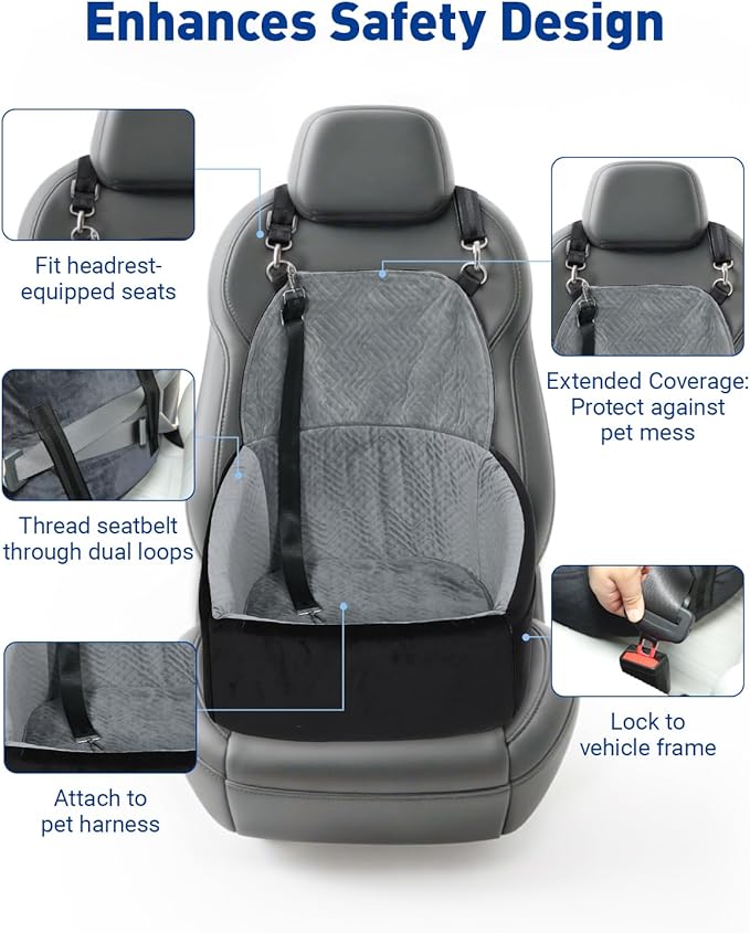 Dog Car Seat for Small Dogs, Dog Booster Seat with Extendable Backrest, Pet Car Seats up to 30 lbs, Washable Removable Cover Travel Bed with Storage Pockets and 2 Safety Leashes, Black&Grey