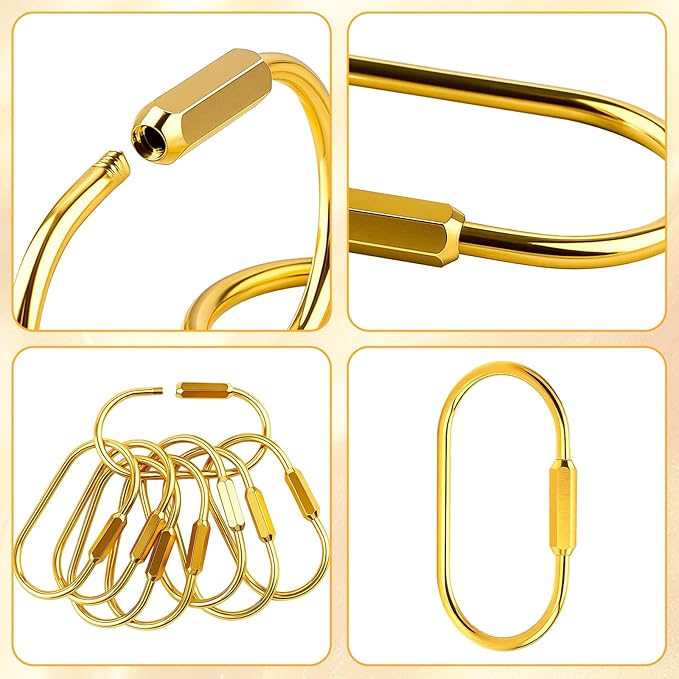 Brass Keychain Carabiner Clips - 8 PCS Gold Screw Lock Key Rings, Loose Leaf Binder Rings, Gold Carabiner Clip with Secure Locking Screw Brass Key Ring for Keys, Bags, Pet Collars & Luggage Tags