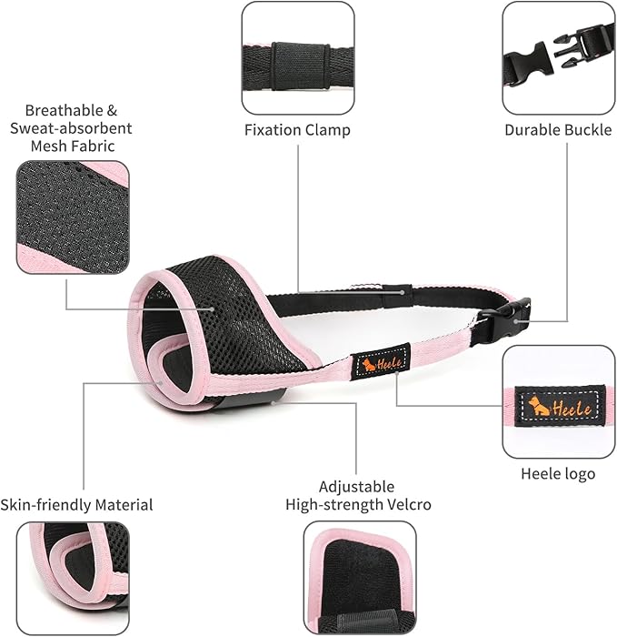 HEELE Dog Muzzle Nylon Soft Anti-Biting Barking Secure,Mesh Breathable Pets Muzzle for Small Medium Large Dogs 4 Colors 4 Sizes (L, Pink)