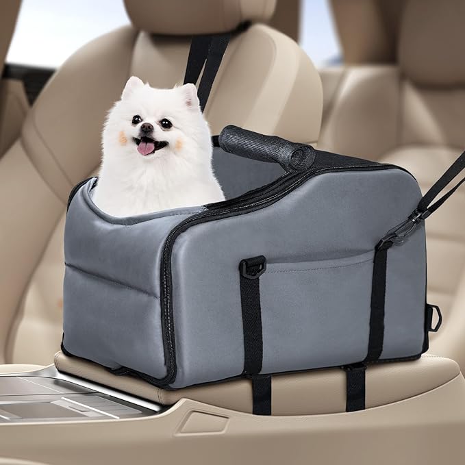 Center Console Dog Car Seat, Portable Dog Car Booster Seats for Small Dogs Up to 9lbs, Foldable Pet Puppy Ca Seats with Zippered Mesh Top, Safety Leash, Adjustable Belts, Storage Pockets