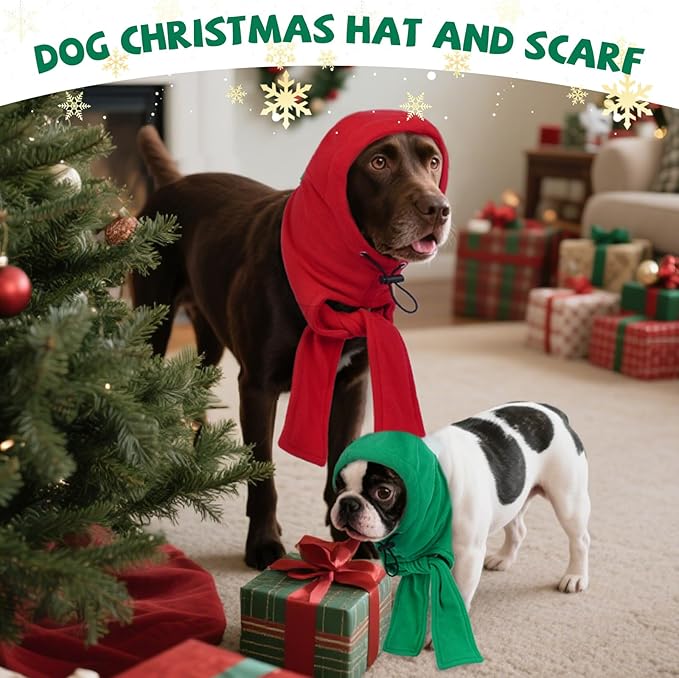 DENTRUN Dog Winter Hat - Cozy Fleece Hood & Scarf for Large Dogs, Noise-Greenucing Ear Cover, Christmas Costume, Green (L:12-18" Head Girth)