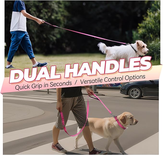 VIVAGLORY Twingrip Dog Leash, Double Handle Dog Leash for Training & Walking with Traffic Handle & 2 Loop, Traffic Control Reflective Heavy Duty for Puppy Pet, 5ft x 1/2in, Pink