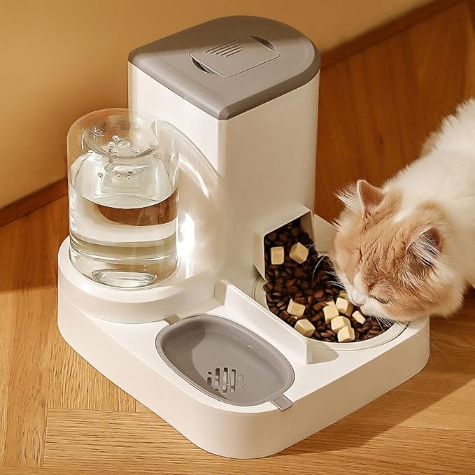 Pet Feeder 2-in-1 Automatic Pet Feeder Feeder and Waterer Pet Food Storage Removable and Easy to Clean Suitable Compatible with Small Dogs Cats Pets Supplies(Grey)