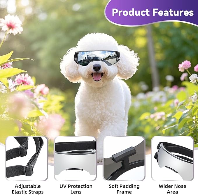 PETLESO Small Dog Goggles, Anti-UV Dog Sunglasses for Outdoor Driving Cycling Riding Hiking, Windproof Dustproof Snowproof Eye Protection, Pet Eye Wear with Adjustable Strap, Silver