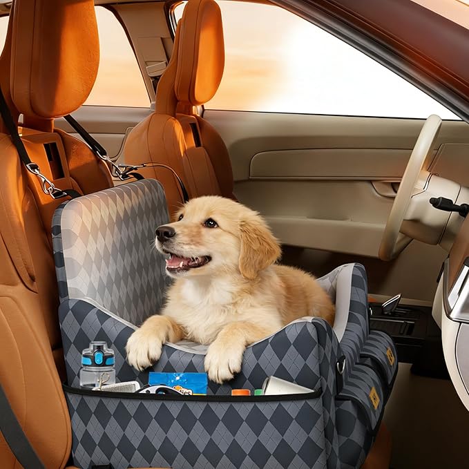 Dog Car Seat for Small/Medium Dogs up to 35lbs, 4-Pocket Storage Memory Foam Dog Booster Seat, Detachable Washable Pet Car Seat with Safety Belt, Outdoor & Indoor Use