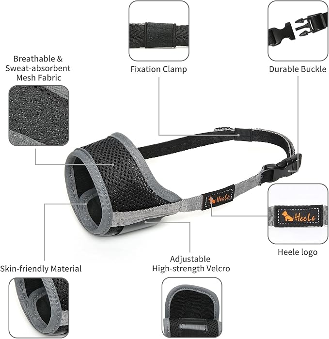 HEELE Dog Muzzle,Soft Nylon Muzzle Anti Biting Barking Chewing,Air Mesh Breathable Drinkable Adjustable Loop Pets Muzzle for Small Medium Large Dogs 4 Colors 4 Sizes (Gray, S)