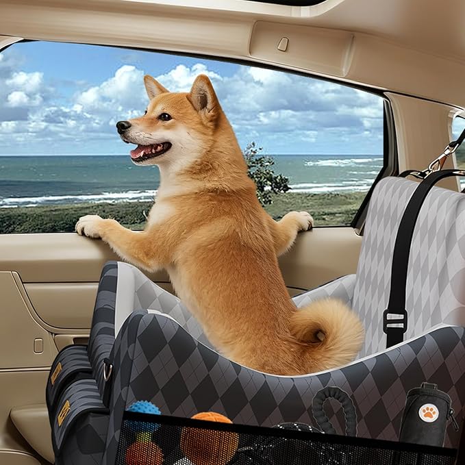 Dog Car Seat for Small/Medium Dogs up to 35lbs, 4-Pocket Storage Memory Foam Dog Booster Seat, Detachable Washable Pet Car Seat with Safety Belt, Outdoor & Indoor Use