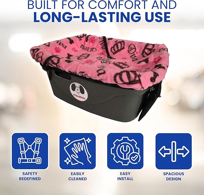 FidoRido Dog Car Seat - Pet Booster Seat for Small to Large Dogs with Comfortable Cushions, Sherpa Cover, and Safety Straps, Easy to Install, Ideal for Travel, Pink Diva - Large Harness