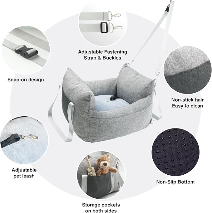 Pet Car Booster Seat for Small Dogs up to 25 lbs with Safety Straps, Storage Pockets, Travel Carrier Bed with Detachable Cover, Machine Washable (Light Gray)