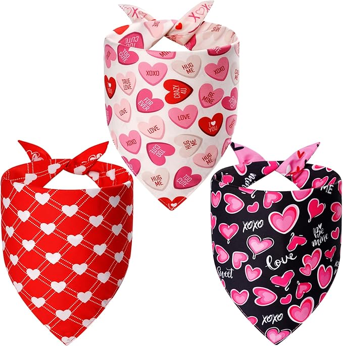 Dog Valentines Bandana XLarge 3PCS, 6 Pattern Sweetheart Scarf for Boy and Girl, Red Pink Black Triangle Reversible Love Bibs Breed for Puppy Pets